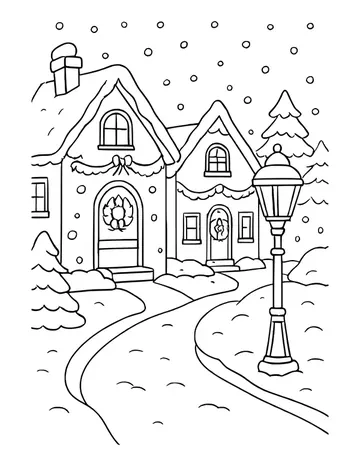 Winding path through a Christmas village with snow-covered houses and a street lamp