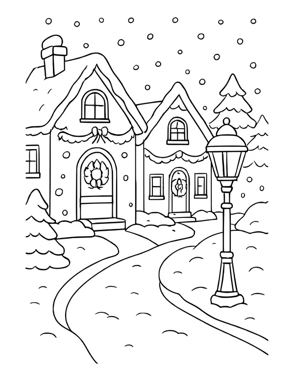 Winding path through a Christmas village with snow-covered houses and a street lamp