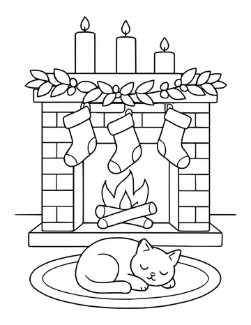 Fireplace with a crackling fire, stockings, candles and a cat on a round rug