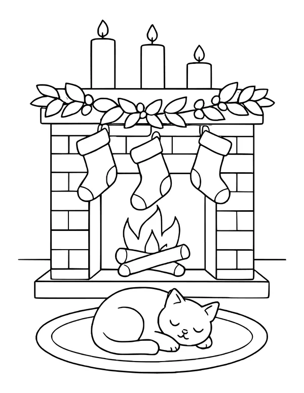 Fireplace with a crackling fire, stockings, candles and a cat on a round rug