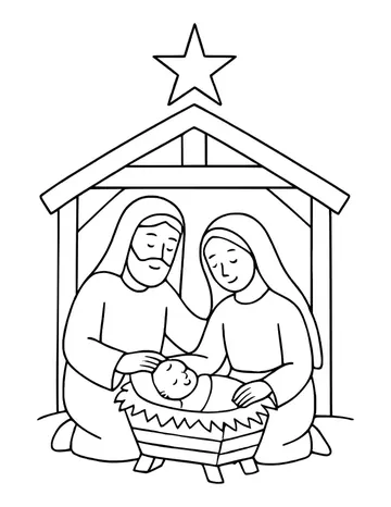 Mary and Joseph kneeling by the manger in a stable under a bright star