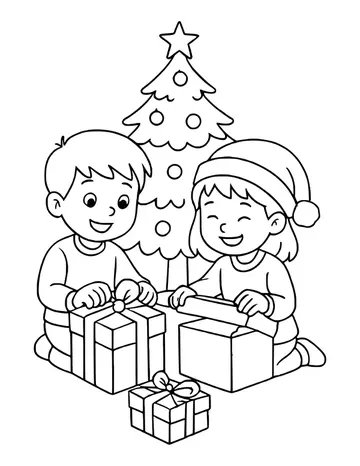 Two children opening presents beside a decorated Christmas tree