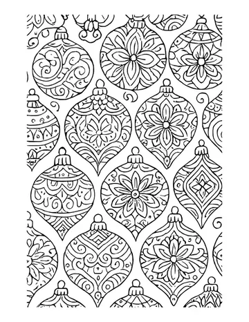 Full page of Christmas ornaments filled with intricate swirls and patterns