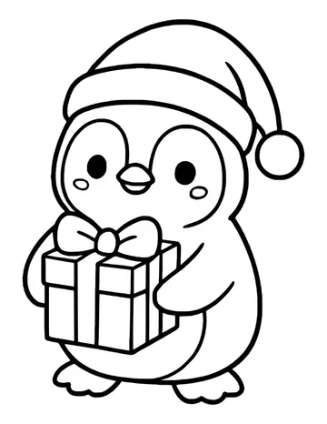 Cute penguin wearing a Santa hat and holding a wrapped present