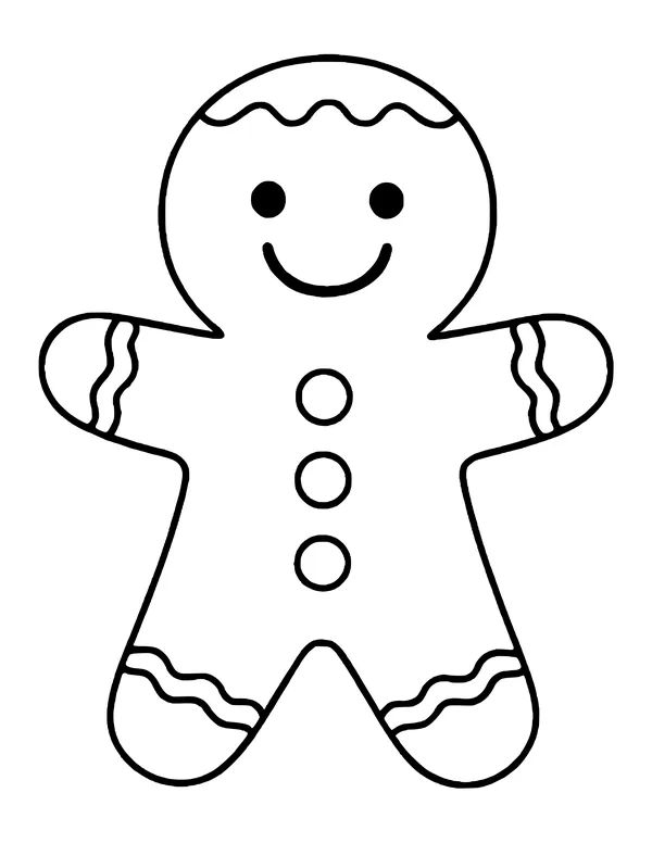 Gingerbread cookie person with a big smile, buttons and icing stripes