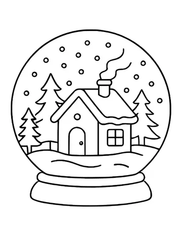 Snow globe with a little cottage and pine trees inside, snow falling