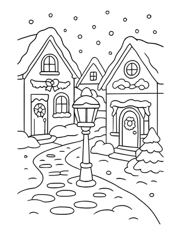Snowy village street with decorated houses, wreaths and a lamp post