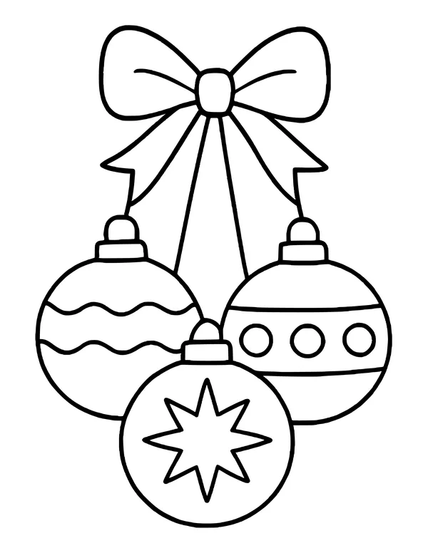 Three round Christmas ornaments with stripes and a star hanging from a bow