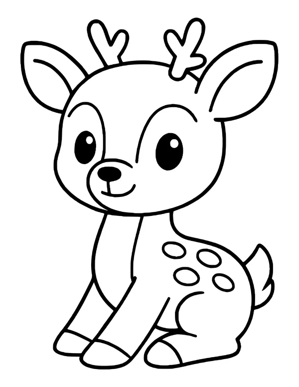 Cute fawn sitting with its head turned, small antlers, big eyes and spots on its back.