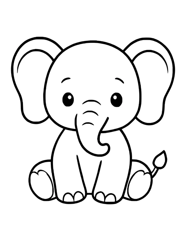 Cute baby elephant sitting face-on with big round ears, a curled trunk and a tufted tail.
