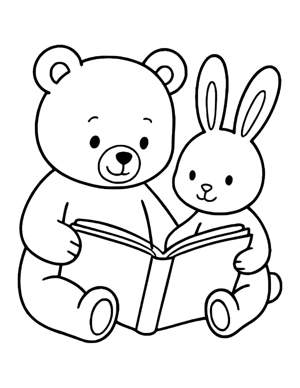 Teddy bear and bunny sit side by side holding an open book between them.