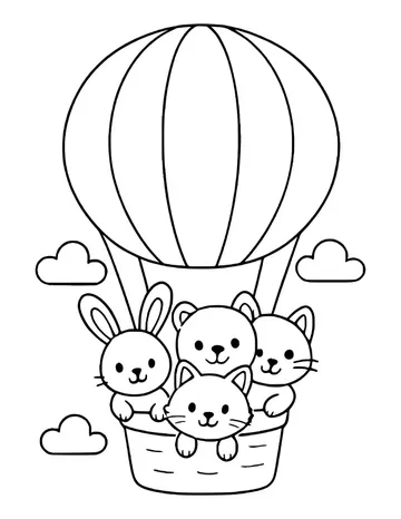 Bunny, bear and two kittens peek out of a hot air balloon basket with clouds floating around.