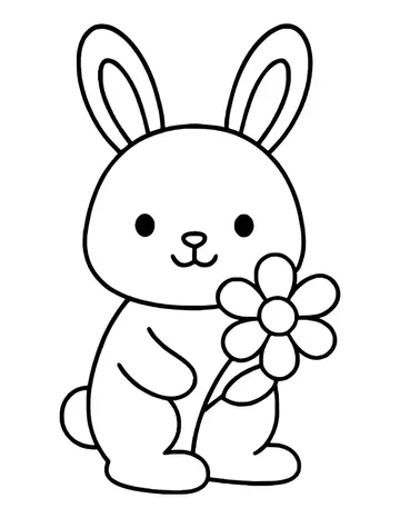 Cute bunny with tall inner-lined ears holding a large daisy in front of its tummy.