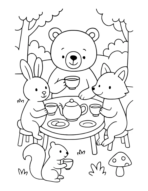 Bear, bunny and fox sip tea at a round table with a teapot and cookies while a squirrel holds a cup nearby.