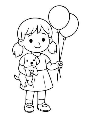 Smiling girl with pigtails holding a puppy in one arm and two balloon strings in her other hand.