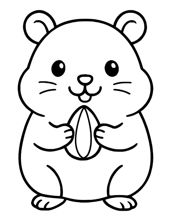 Front-facing cute hamster with little buck teeth and whiskers, holding a sunflower seed.
