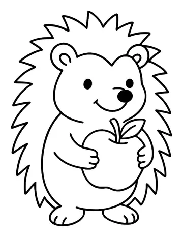Cute hedgehog facing forward, holding a red-apple shape with both paws, spikes all around its body.