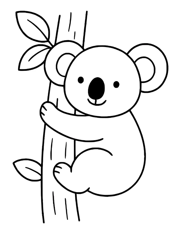 Cute koala climbing a textured tree trunk with three leaves, its big nose and fluffy ears outlined.