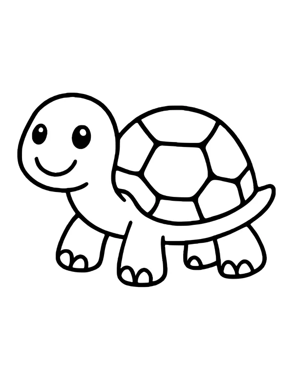 Cute turtle walking to the side with a smiling face and a shell made of large plates.