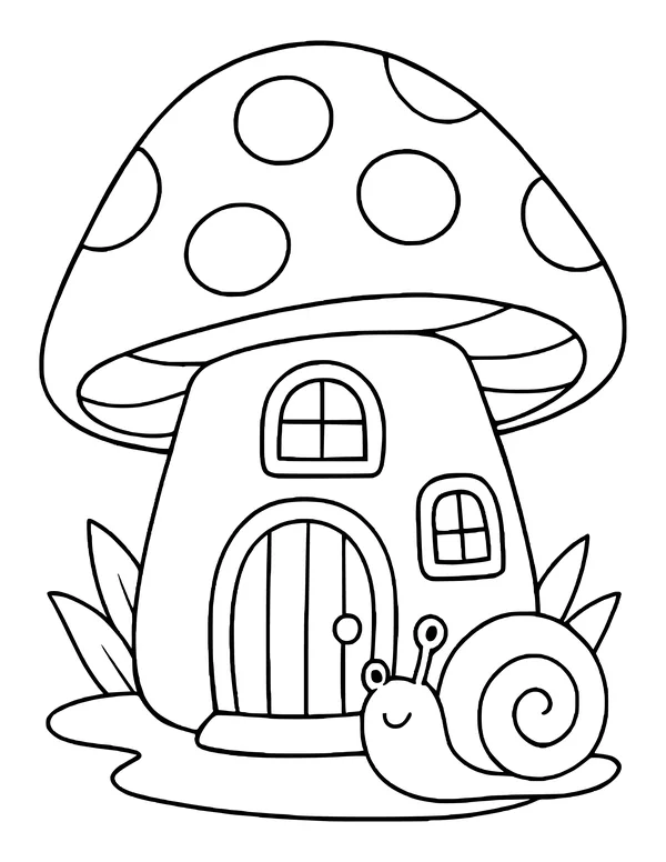Large spotted mushroom house with two arched windows, a plank door, leafy plants and a snail.