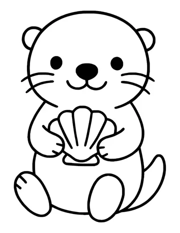 Cute otter sitting with feet out in front, holding a scallop shell with both paws.