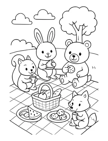 Squirrel, bunny, bear and fox picnic on a checkered blanket with a bread basket, cookies and watermelon.