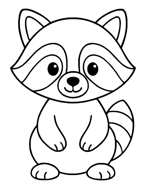 Cute raccoon with big pointed ears, a round outlined muzzle, masked eyes and a striped tail.