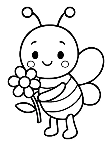Smiling bee with blush cheeks and outlined stripes, holding a daisy with a leaf.