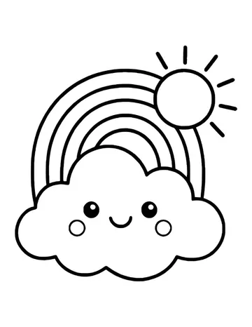 Kawaii cloud with rosy cheeks under a rainbow, the sun overlapping the rainbow's right side.