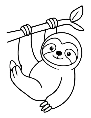 Cute smiling sloth hanging from a branch by both arms, legs dangling, with one leaf on the branch.