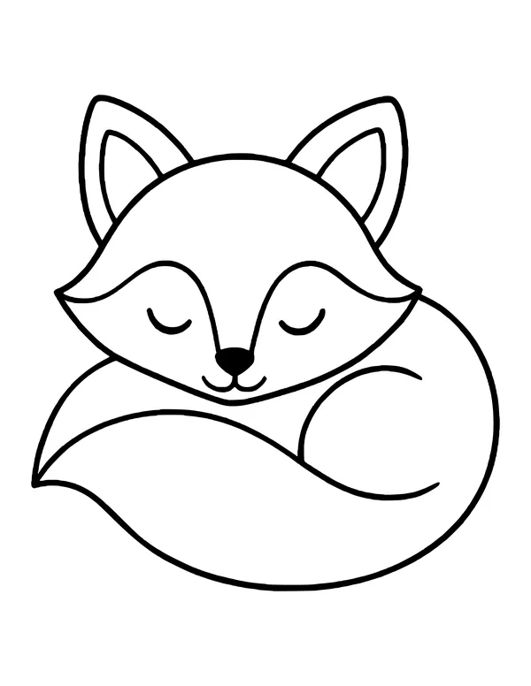 Sleeping fox with a little smile, its round tail wrapped all the way around the front of its body.