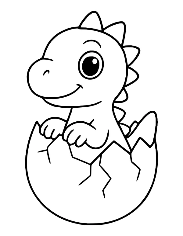 A cute baby dinosaur with spikes down its back peeking out of a cracked egg, its little hands on the shell.