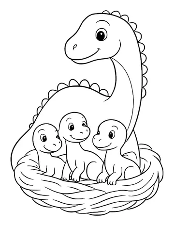 A smiling long-neck dinosaur standing behind a woven nest where three cheerful baby dinosaurs sit together.
