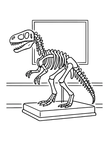 A large meat-eating dinosaur skeleton standing on a museum platform in front of a wall frame and railing.