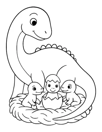 A long-neck mother dinosaur curled around a nest holding two babies and one more peeking out of an egg.
