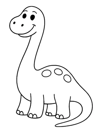 A friendly long-neck dinosaur with three oval spots on its back, a big smile and a long tail sweeping to the side.