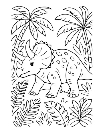 Spotted triceratops among palm trees and large jungle leaves