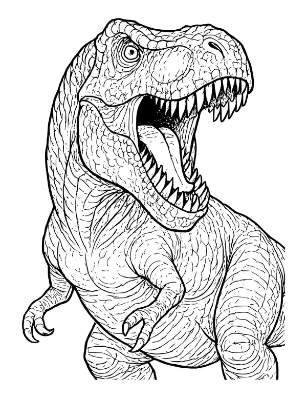Detailed T. rex facing forward with open jaws, sharp teeth and scaly skin