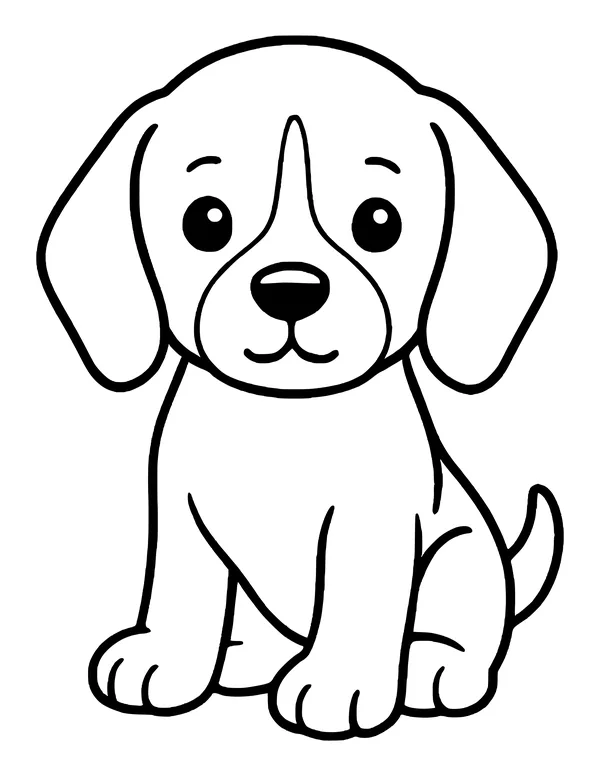 Cute beagle puppy sitting, with long droopy ears and a stripe running down the middle of its face