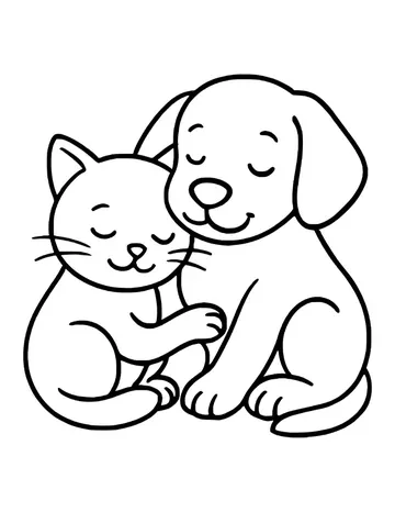 Cat and puppy sitting side by side with heads pressed together, eyes closed and smiling