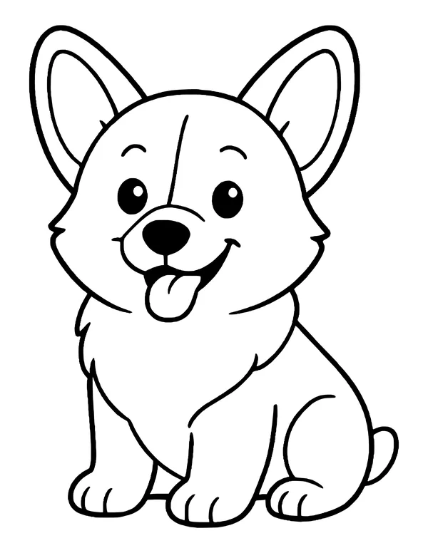 Corgi puppy sitting with big ears, wide eyes and a smiling mouth with its tongue sticking out