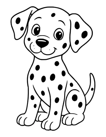 Dalmatian puppy sitting with its head tilted, black spots on its body, ears and tail