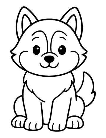 Cute husky puppy sitting and smiling, with a fluffy chest, pointed ears and a curled tail