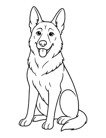 German shepherd sitting with its head tilted, tongue out, and fur lines on its chest and ears