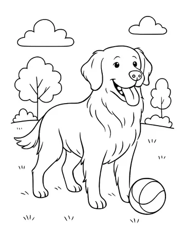 Golden retriever standing on grass with its tongue out, a ball at its feet, trees and clouds behind