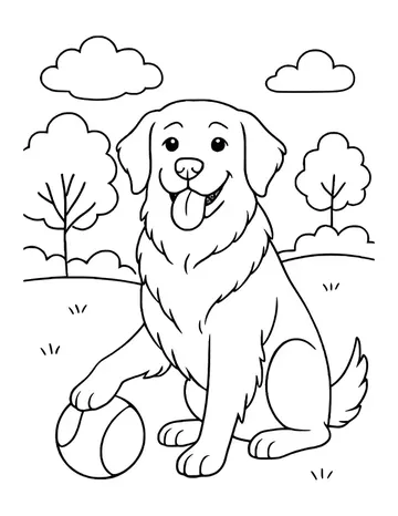 Golden retriever sitting on grass with one paw resting on a ball, trees and clouds behind