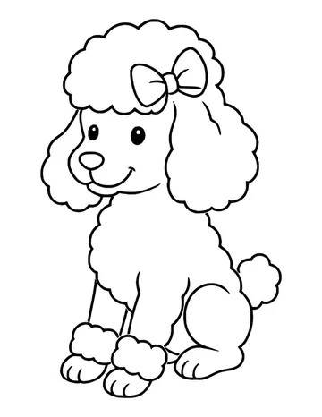 Fluffy poodle sitting with a bow on the side of its head and pom-pom puffs on its ankles and tail