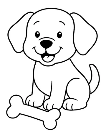 Puppy with floppy ears and tongue out, sitting with a bone at its feet and tail up