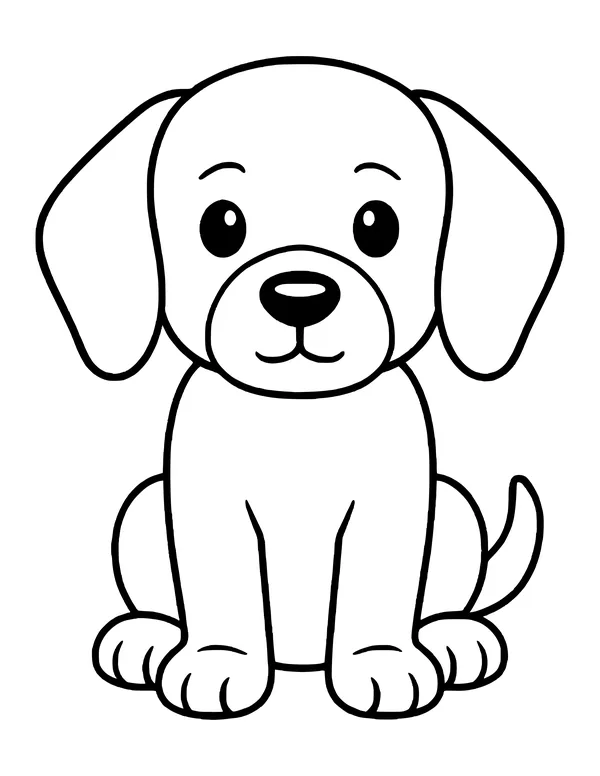 Round, simple beagle puppy sitting with droopy ears, a gentle smile and a small tail