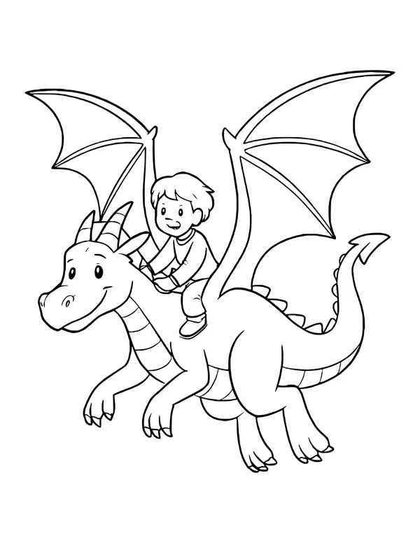 Boy holding on to the neck of a dragon flying with its wide wings spread open